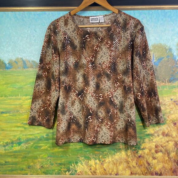 Vintage Chicos Blouse Size 3 Large Chicos BlouseShimmer Rusty Brown Red Cream - Picture 1 of 16